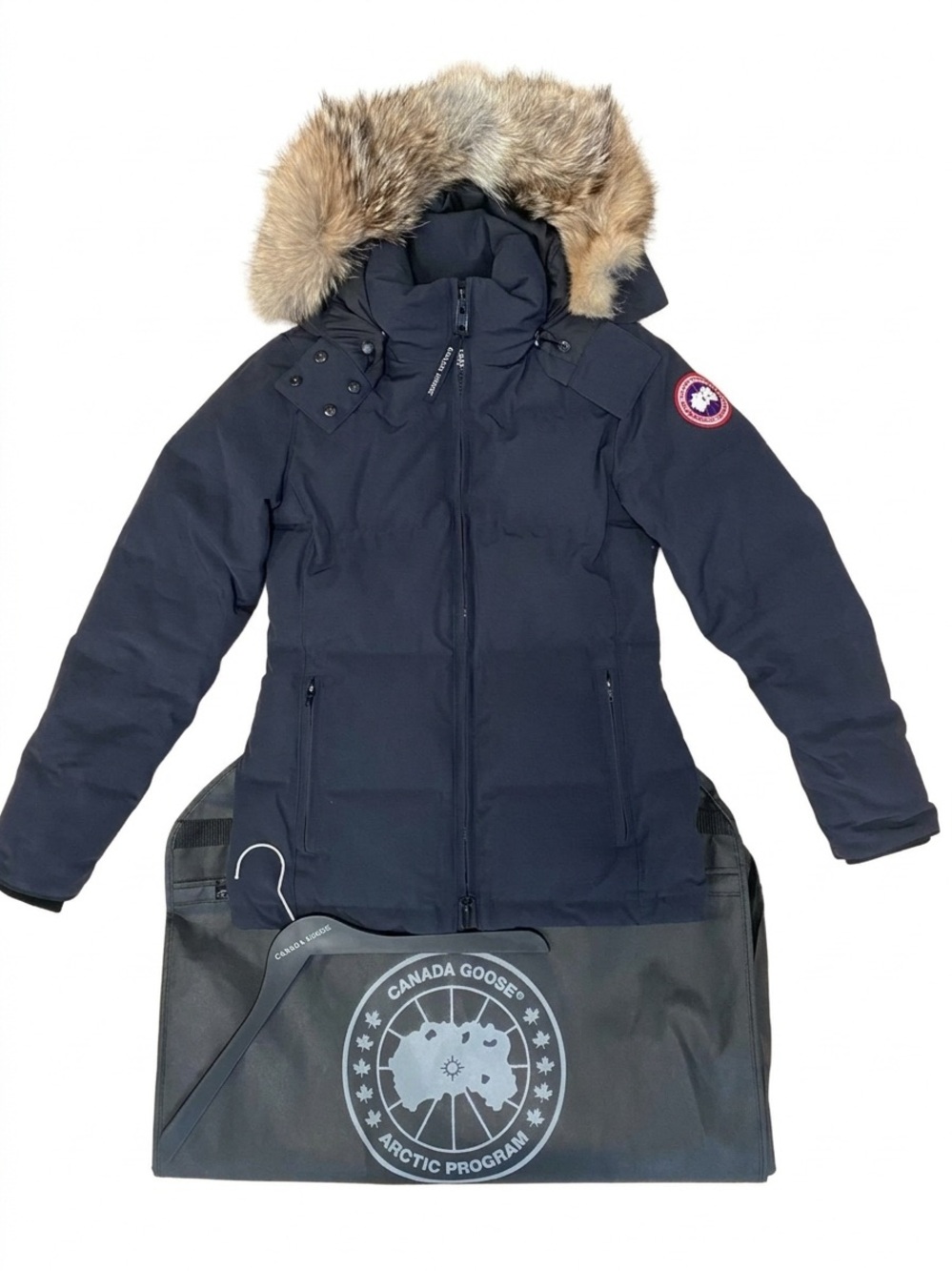 Canada Goose Chelsea Parka Navy XS w/ Real Fur Trim, Garment Bag & Hanger